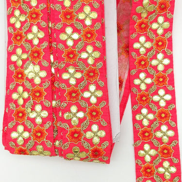 Radical Red Art Silk Fabric Trim, Orange & Gold Floral Embroidery Gota Patti Indian Sari Border Trim By Yard Decorative Trim Craft Lace